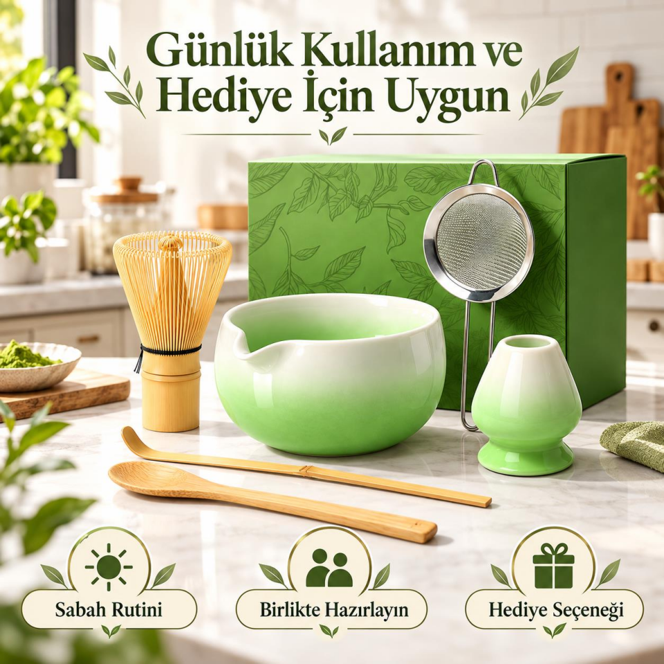 Valkyrie 6 Parça Matcha Hazırlama Seti 530 ml Seramik Kase Bambu Çırpıcı Stand ve Süzgeç Yeşil Beyaz