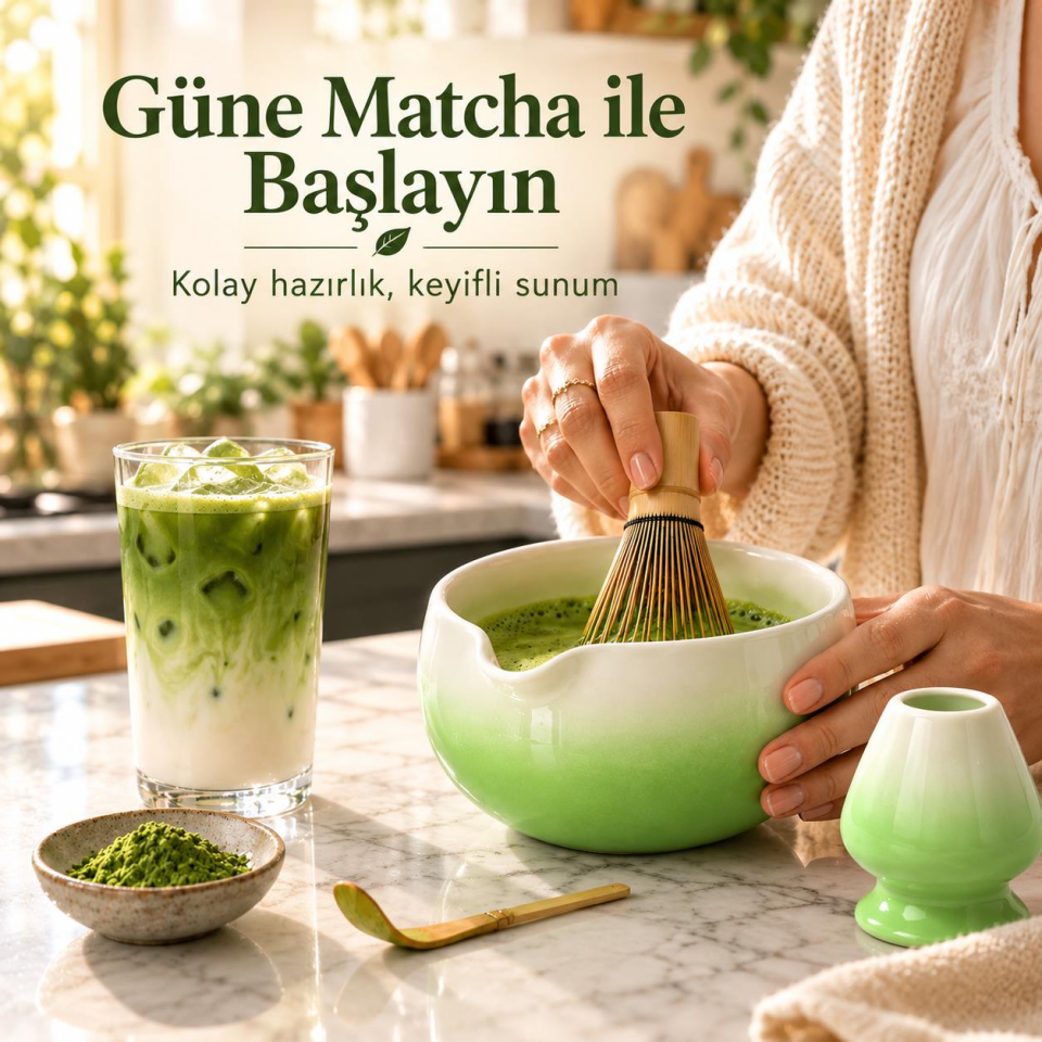 Valkyrie 6 Parça Matcha Hazırlama Seti 530 ml Seramik Kase Bambu Çırpıcı Stand ve Süzgeç Yeşil Beyaz