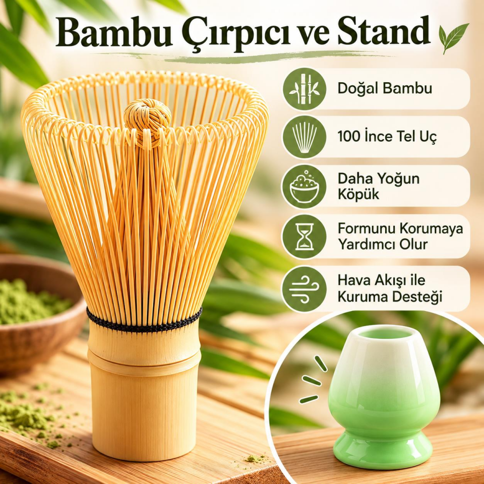 Valkyrie 6 Parça Matcha Hazırlama Seti 530 ml Seramik Kase Bambu Çırpıcı Stand ve Süzgeç Yeşil Beyaz