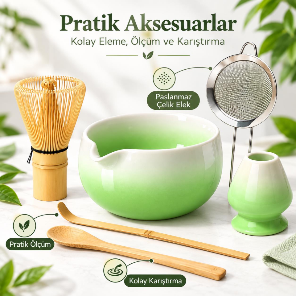 Valkyrie 6 Parça Matcha Hazırlama Seti 530 ml Seramik Kase Bambu Çırpıcı Stand ve Süzgeç Yeşil Beyaz