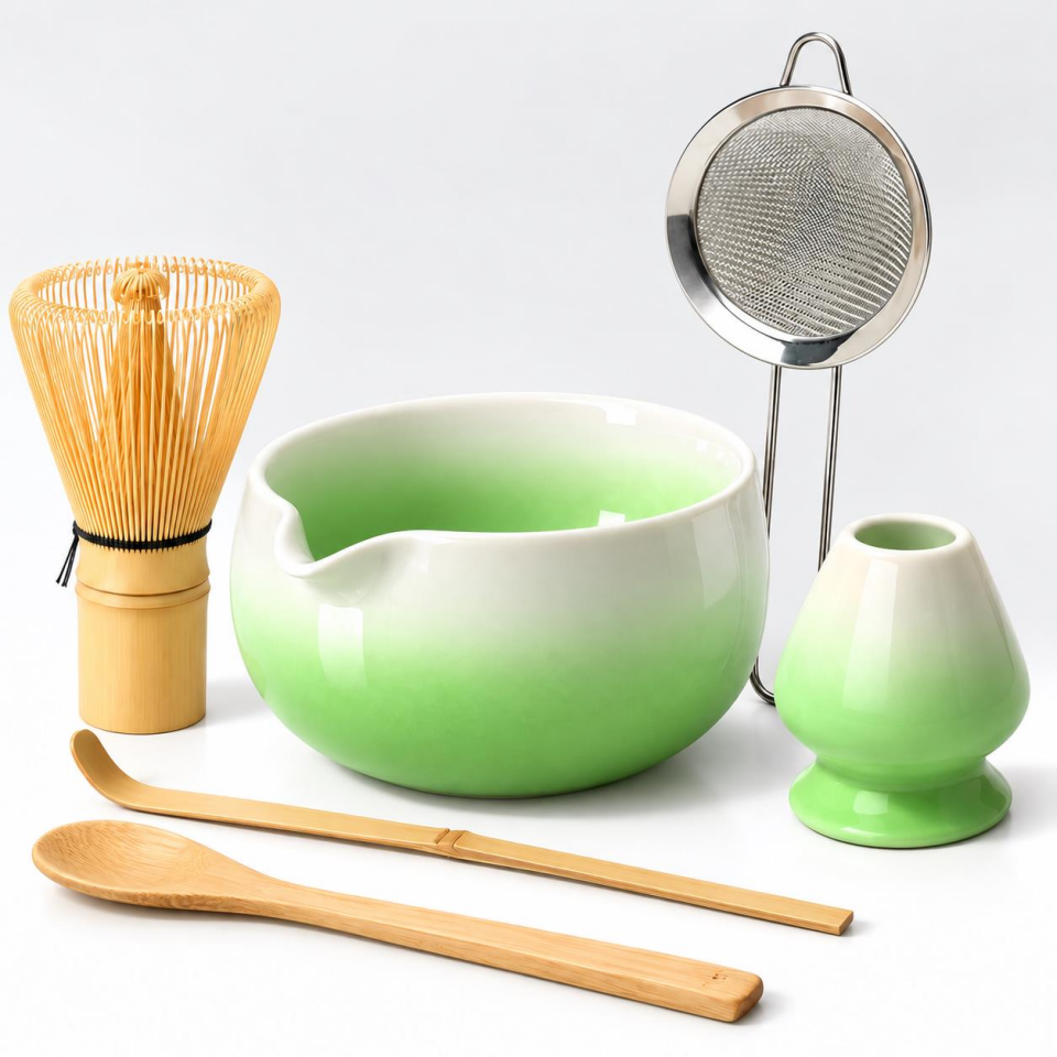Valkyrie 6 Parça Matcha Hazırlama Seti 530 ml Seramik Kase Bambu Çırpıcı Stand ve Süzgeç Yeşil Beyaz