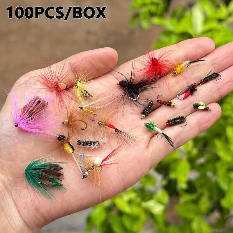 Valkyrie 100 Parça Yapay Sinek İğne Seti Fly Fishing Kutulu Alabalık Balıkçılık Tüylü Sahte Yem