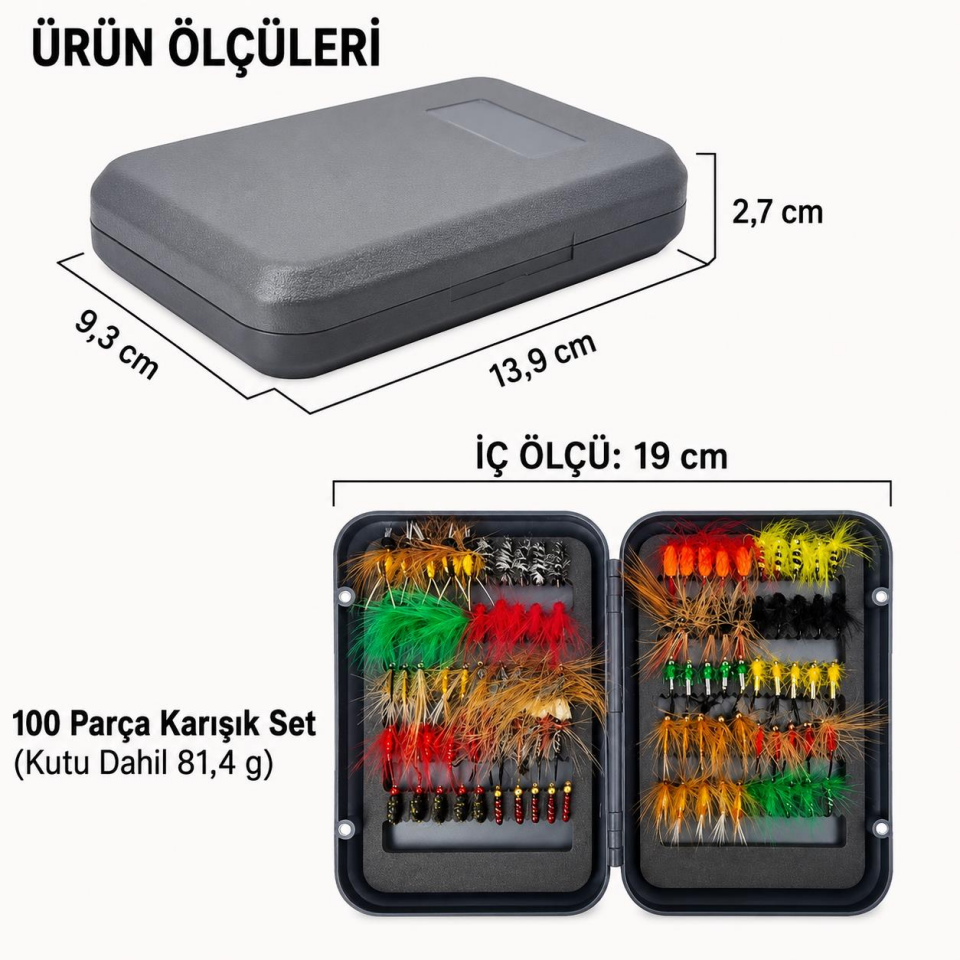 Valkyrie 100 Parça Yapay Sinek İğne Seti Fly Fishing Kutulu Alabalık Balıkçılık Tüylü Sahte Yem