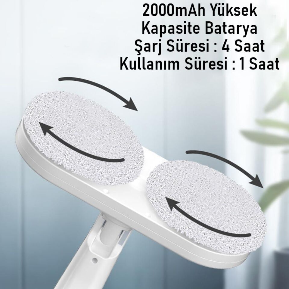 Valkyrie Şarjlı Su Püskürtmeli Elektrikli Mop – Çift Döner Başlık, Mikrofiber Ped, 2000 mAh, Tüm Zeminlerde Etkili Beyaz