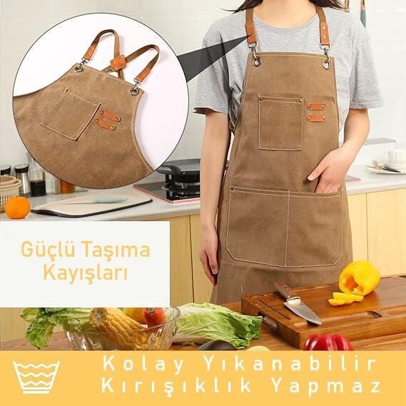 Valkyrie Unisex Kanvas Mutfak Önlüğü Ayarlanabilir Askılı Cepli Barista Garson Servis Önlüğü Kahve