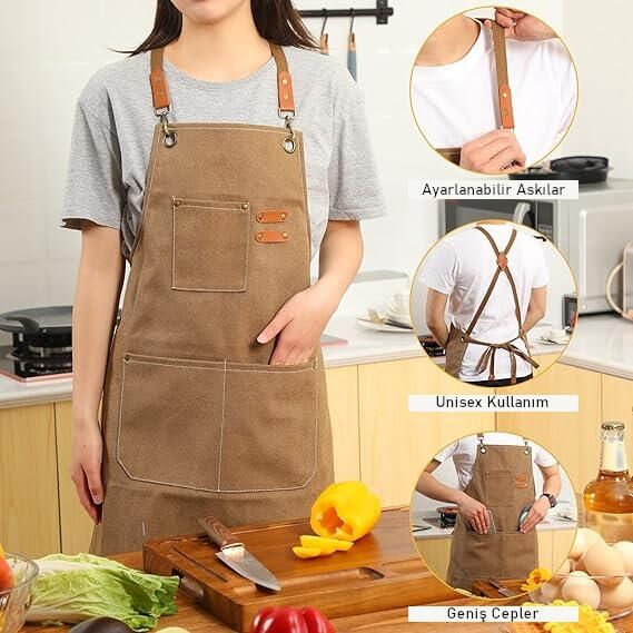 Valkyrie Unisex Kanvas Mutfak Önlüğü Ayarlanabilir Askılı Cepli Barista Garson Servis Önlüğü Kahve
