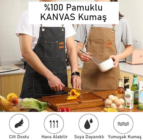 Valkyrie Unisex Kanvas Mutfak Önlüğü Ayarlanabilir Askılı Cepli Barista Garson Servis Önlüğü Kahve