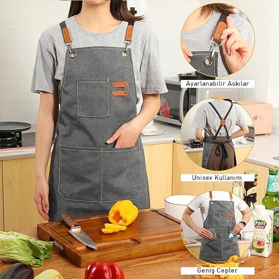 Valkyrie Unisex Kanvas Mutfak Önlüğü Ayarlanabilir Askılı Cepli Barista Garson Servis Önlüğü Gri