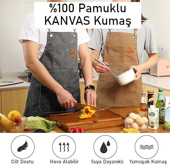 Valkyrie Unisex Kanvas Mutfak Önlüğü Ayarlanabilir Askılı Cepli Barista Garson Servis Önlüğü Gri