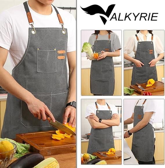 Valkyrie Unisex Kanvas Mutfak Önlüğü Ayarlanabilir Askılı Cepli Barista Garson Servis Önlüğü Gri