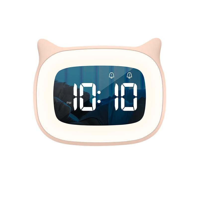 Valkyrie Çok Şirin Kedi Masaüstü Saat Şarjlı LED Işıklı Sevimli Saat Pembe