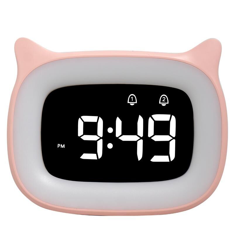 Valkyrie Çok Şirin Kedi Masaüstü Saat Şarjlı LED Işıklı Sevimli Saat Pembe