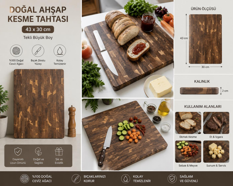 Doğal Ahşap Kesme Tahtası 43x30 cm Kalın Kasap Bloğu Kesim Tahtası Bıçak Dostu Mutfak Doğrama ve Servis Tahtası