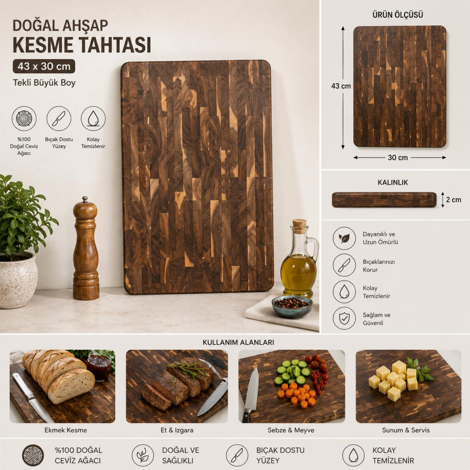 Doğal Ahşap Kesme Tahtası 43x30 cm Kalın Kasap Bloğu Kesim Tahtası Bıçak Dostu Mutfak Doğrama ve Servis Tahtası