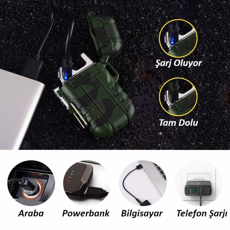 Valkyrie Su Geçirmez Şarjlı USB Çakmak Çift Ark Gazsız Plazma Elektrikli Alevsiz Çakmak Yeşil