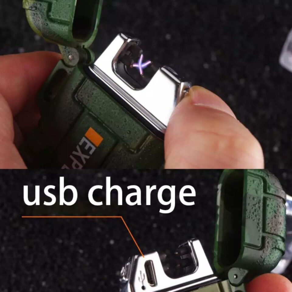 Valkyrie Su Geçirmez Şarjlı USB Çakmak Çift Ark Gazsız Plazma Elektrikli Alevsiz Çakmak Yeşil