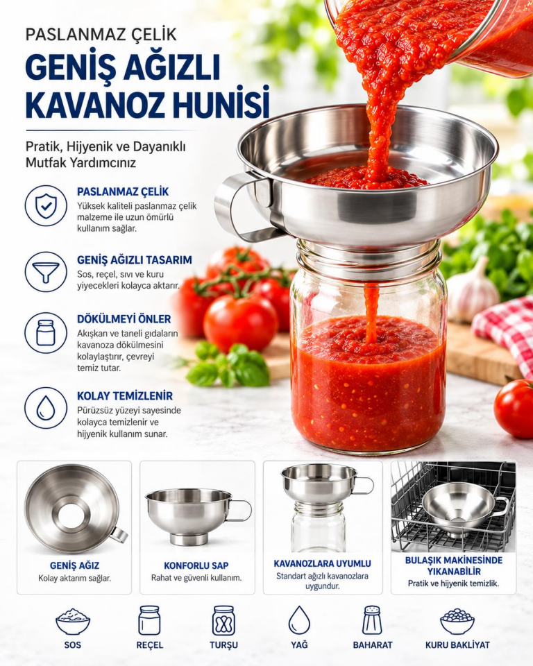 Paslanmaz Çelik Geniş Ağızlı Kavanoz Hunisi 15 cm – Salça, Reçel, Sos, Yağ ve Bakliyat Aktarma Hunisi
