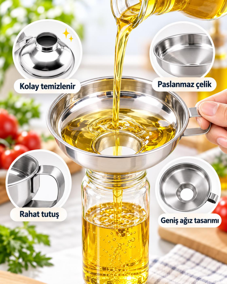 Paslanmaz Çelik Geniş Ağızlı Kavanoz Hunisi 15 cm – Salça, Reçel, Sos, Yağ ve Bakliyat Aktarma Hunisi