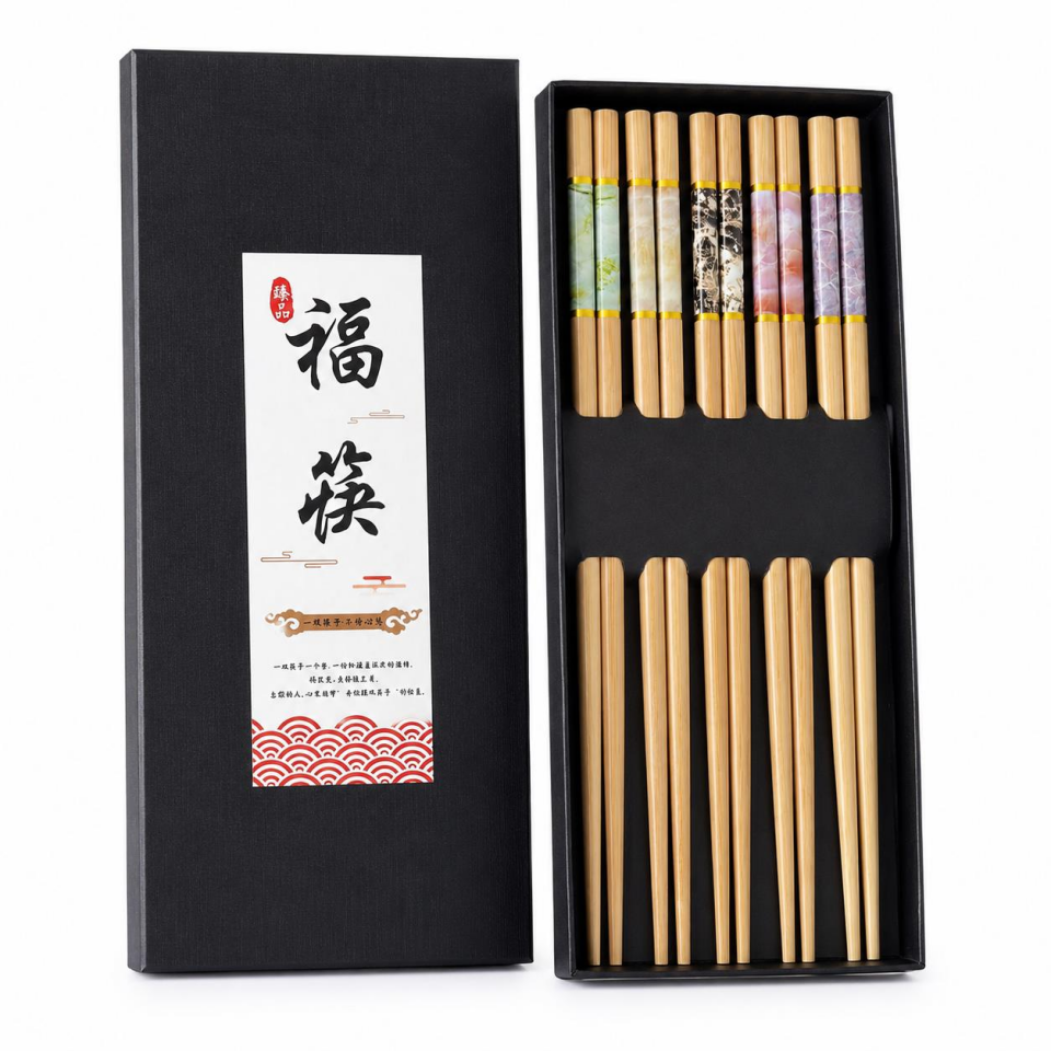 Valkyrie 5 Çift 24cm Bambu Desenli Yemek Çubuğu Seti Hediyelik Kutulu Japon Sushi Chopstick