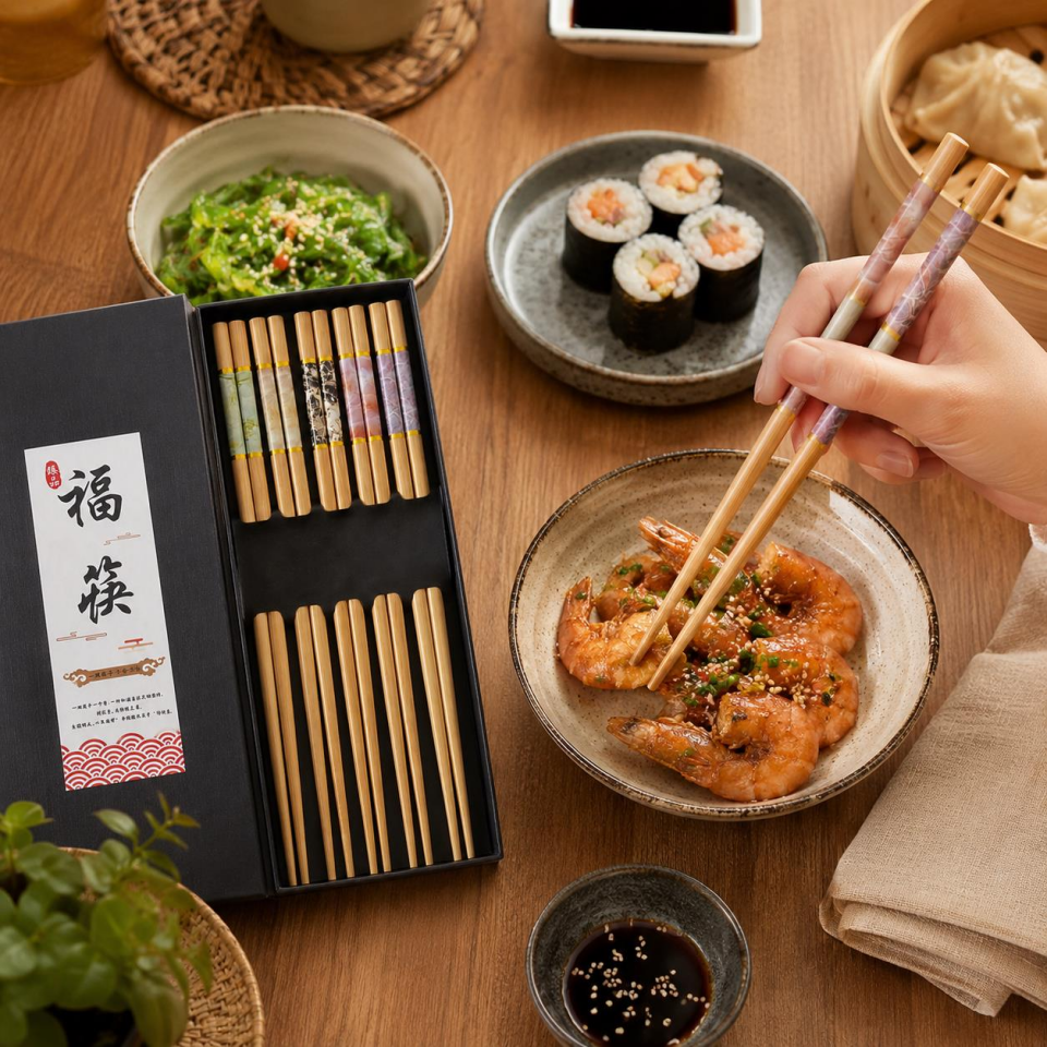 Valkyrie 5 Çift 24cm Bambu Desenli Yemek Çubuğu Seti Hediyelik Kutulu Japon Sushi Chopstick