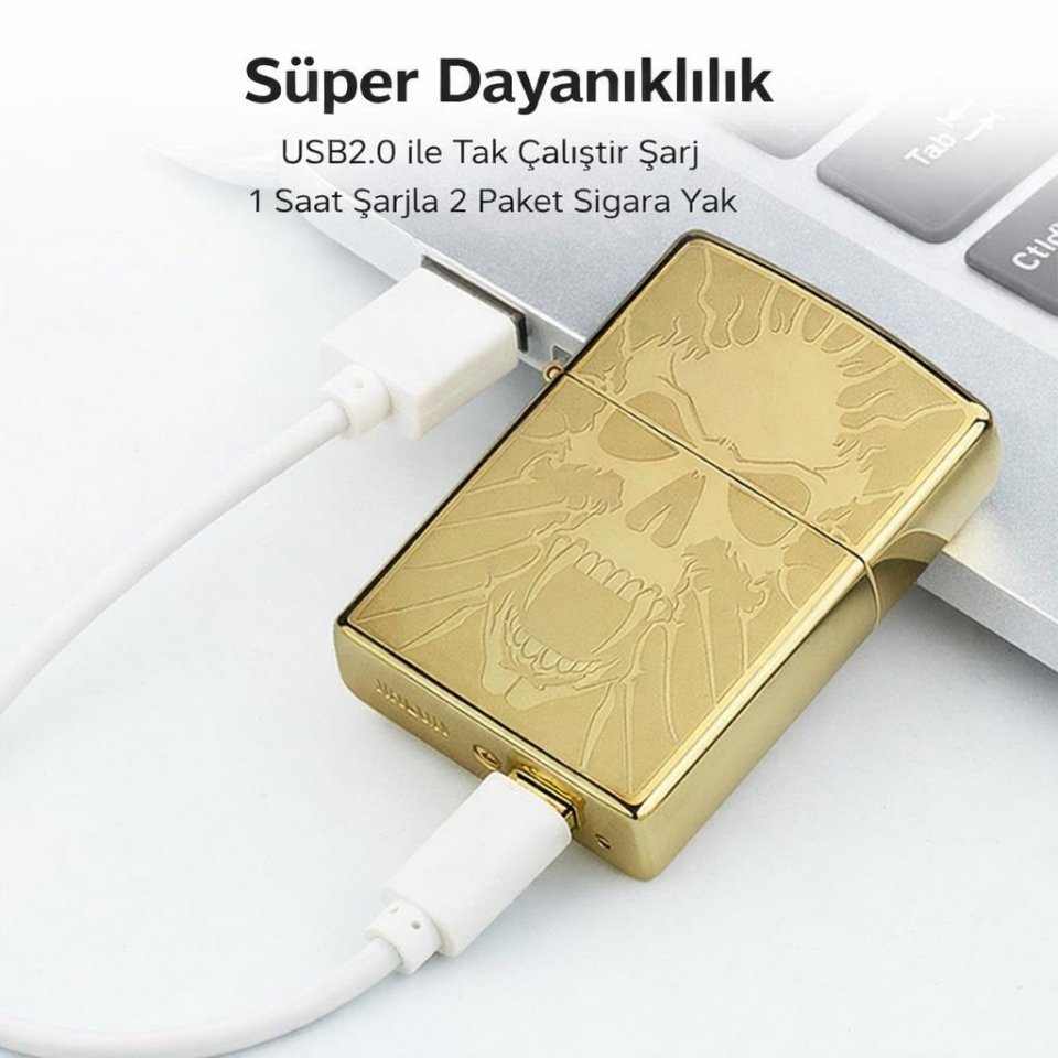 Valkyrie Gold Kuru Kafa Tasarım USB Şarjlı Elektrikli | Rüzgar Geçirmez | Çift Arc Ateşleme Çakmak