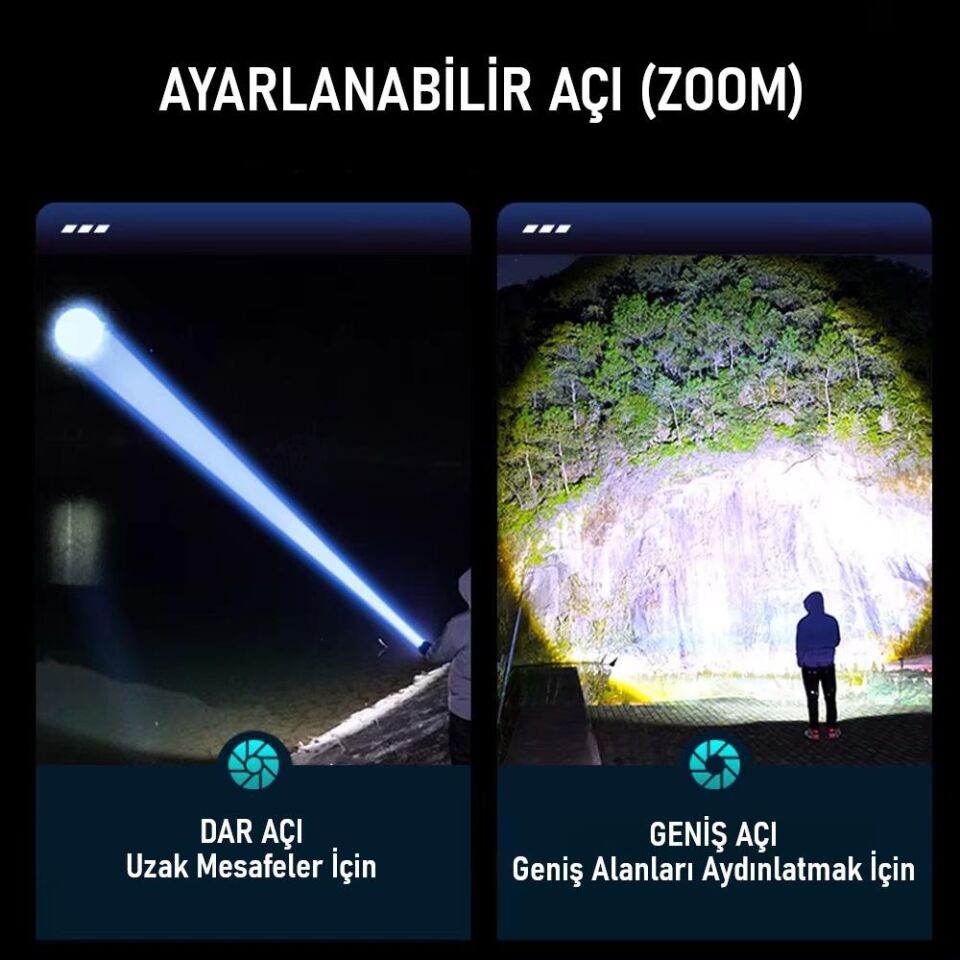 Valkyrie Şarjlı 15W Led 7 Işık Modu Çakarlı Zoom Özellikli Dijital Güç Göstergeli Uzun Pil Ömrü
