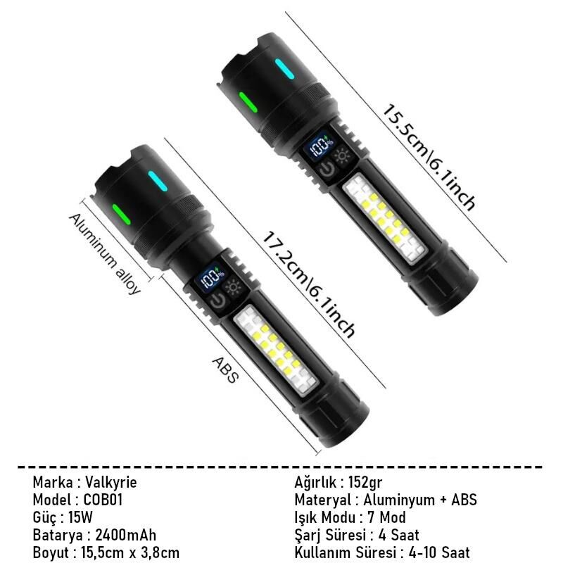 Valkyrie Şarjlı 15W Led 7 Işık Modu Çakarlı Zoom Özellikli Dijital Güç Göstergeli Uzun Pil Ömrü