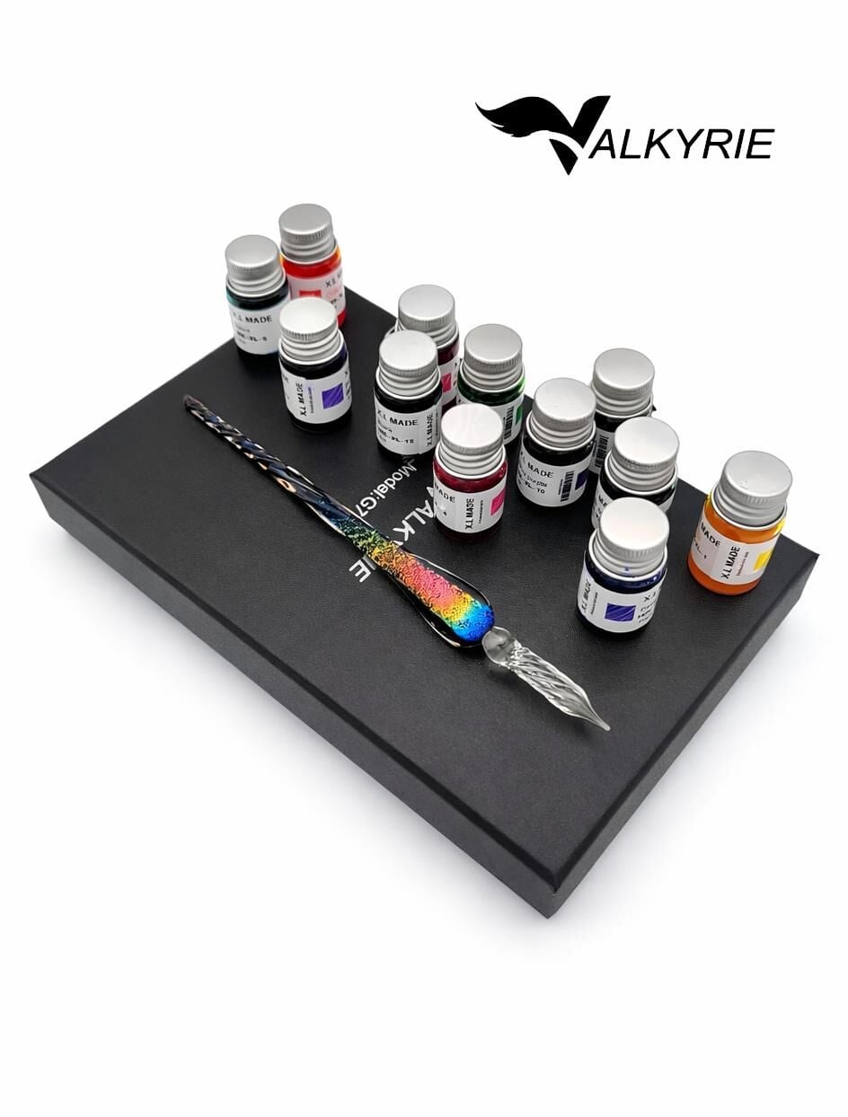 Valkyrie Gökkuşağı Cam Kalem Seti 12 Renk Mürekkep Hediyeli – Kristal Dip Pen Kaligrafi, Sanat ve Hobi Kalemi
