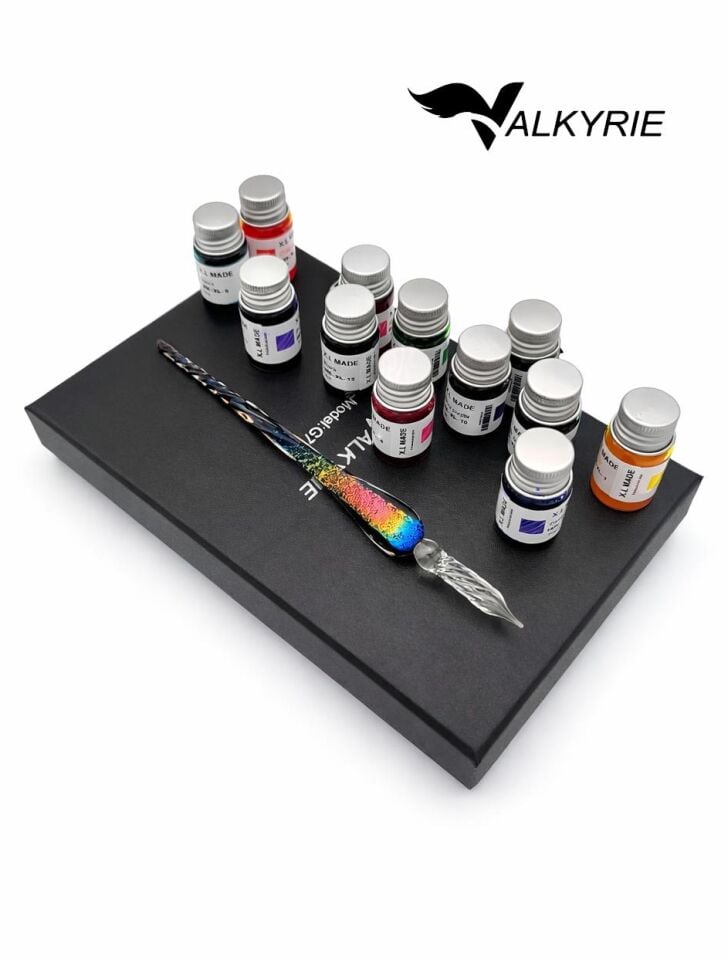 Valkyrie Gökkuşağı Cam Kalem Seti 12 Renk Mürekkep Hediyeli – Kristal Dip Pen Kaligrafi, Sanat ve Hobi Kalemi