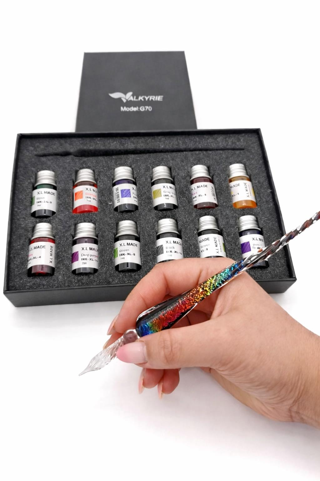 Valkyrie Gökkuşağı Cam Kalem Seti 12 Renk Mürekkep Hediyeli – Kristal Dip Pen Kaligrafi, Sanat ve Hobi Kalemi