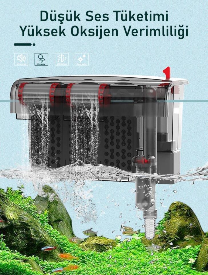 Valkyrie Askılı Akvaryum Şelale Filtre 10W 800 L/H 6’lı Filtre Yüzey Temizleyici