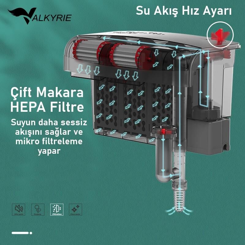 Valkyrie Askılı Akvaryum Şelale Filtre 10W 800 L/H 6’lı Filtre Yüzey Temizleyici