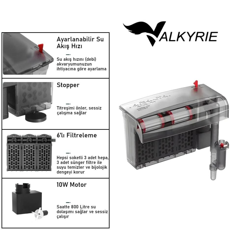 Valkyrie Askılı Akvaryum Şelale Filtre 10W 800 L/H 6’lı Filtre Yüzey Temizleyici