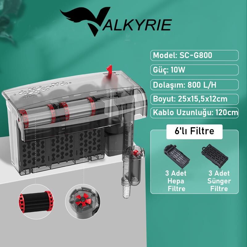 Valkyrie Askılı Akvaryum Şelale Filtre 10W 800 L/H 6’lı Filtre Yüzey Temizleyici