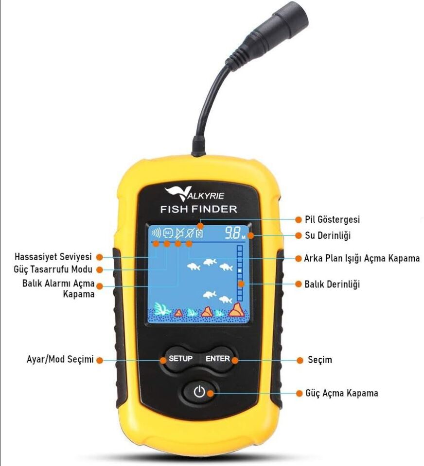 Valkyrie LCD Renkli Ekran Taşınabilir Kablolu Balık Bulucu 100 M nlik Aralığı Sonar Yankı Iskandil Balık Bulucu