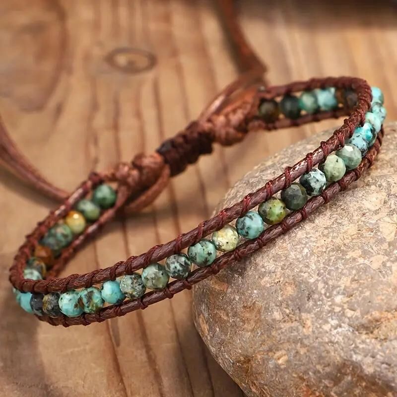 Valkyrie Bohem Tarz Doğal Taşlı El Yapımı Deri Bileklik Yeşil Jasper Boncuk Ayarlanabilir Unisex