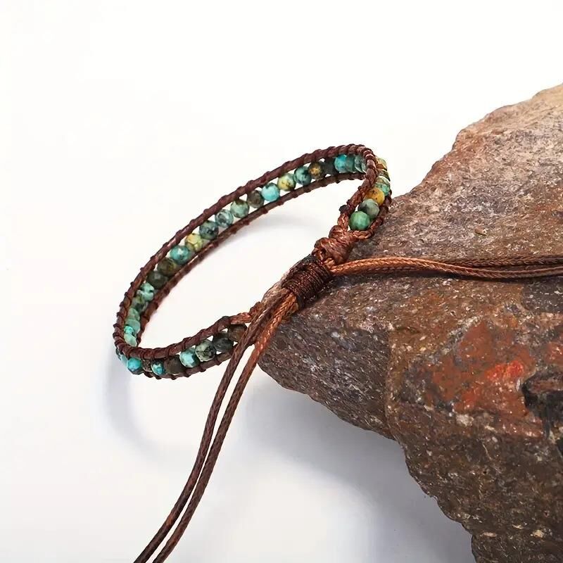 Valkyrie Bohem Tarz Doğal Taşlı El Yapımı Deri Bileklik Yeşil Jasper Boncuk Ayarlanabilir Unisex
