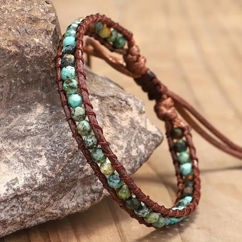 Valkyrie Bohem Tarz Doğal Taşlı El Yapımı Deri Bileklik Yeşil Jasper Boncuk Ayarlanabilir Unisex