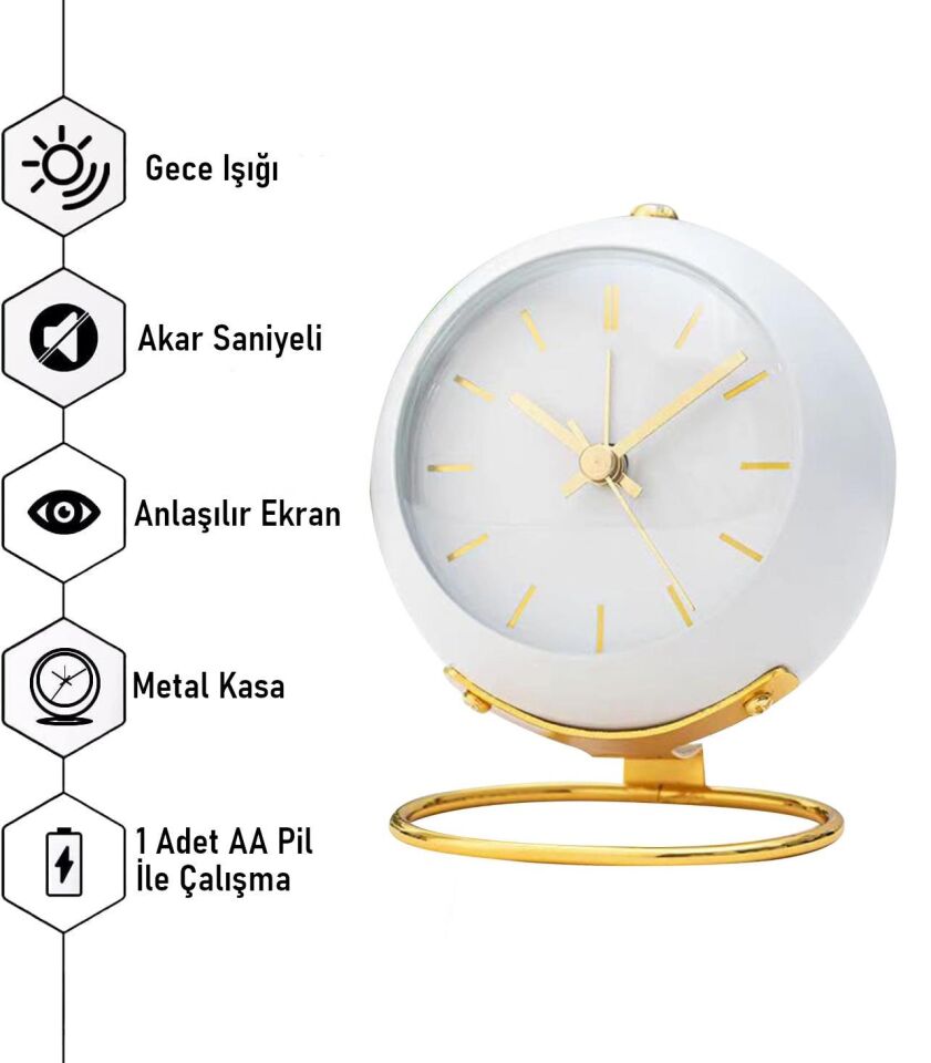 Valkyrie Akar Saniyeli Işıklı Metal Gold Dijital Masa Saati Alarmlı Beyaz