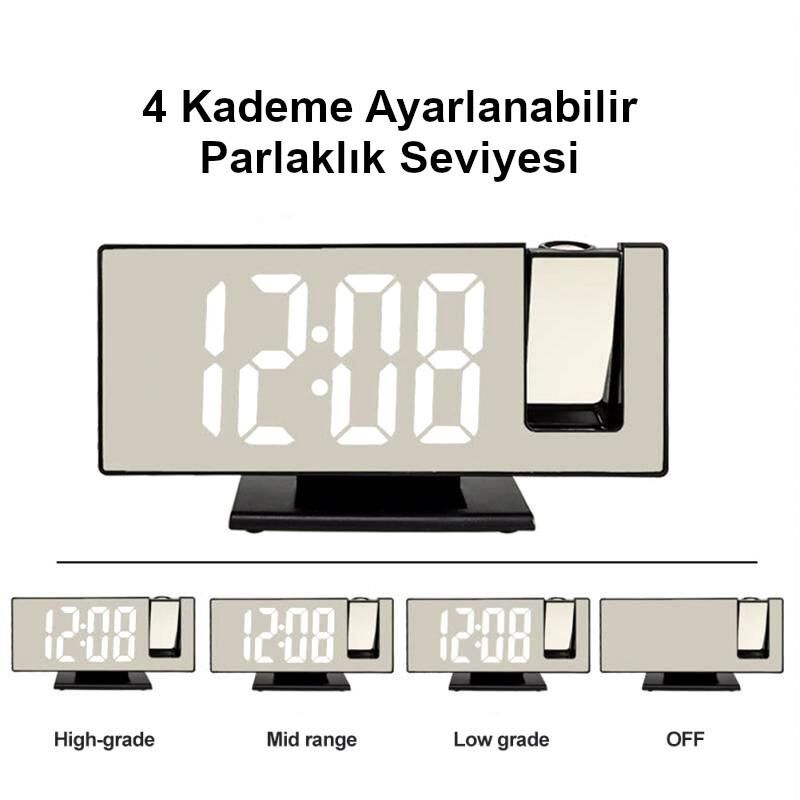 Valkyrie Projeksiyonlu Alarmlı Dereceli Aynalı LED Dijital Masaüstü Saat Siyah