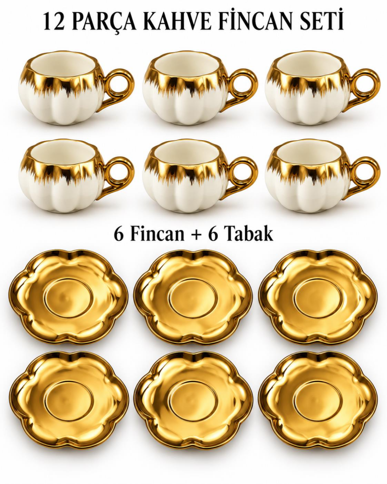 Valkyrie 6 Kişilik Beyaz Gold Balkabağı Model Türk Kahvesi Fincan Takımı 12 Parça 80 ml Çeyizlik byz