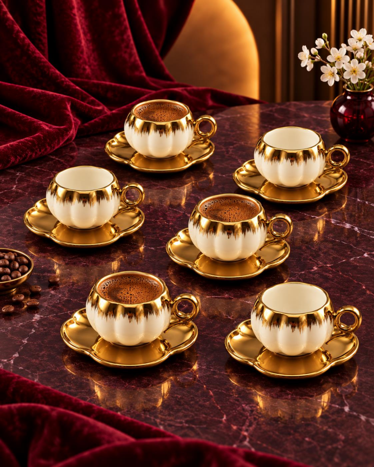 Valkyrie 6 Kişilik Beyaz Gold Balkabağı Model Türk Kahvesi Fincan Takımı 12 Parça 80 ml Çeyizlik byz