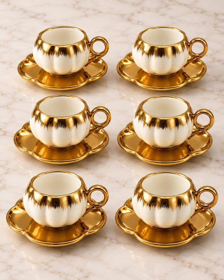 Valkyrie 6 Kişilik Beyaz Gold Balkabağı Model Türk Kahvesi Fincan Takımı 12 Parça 80 ml Çeyizlik byz