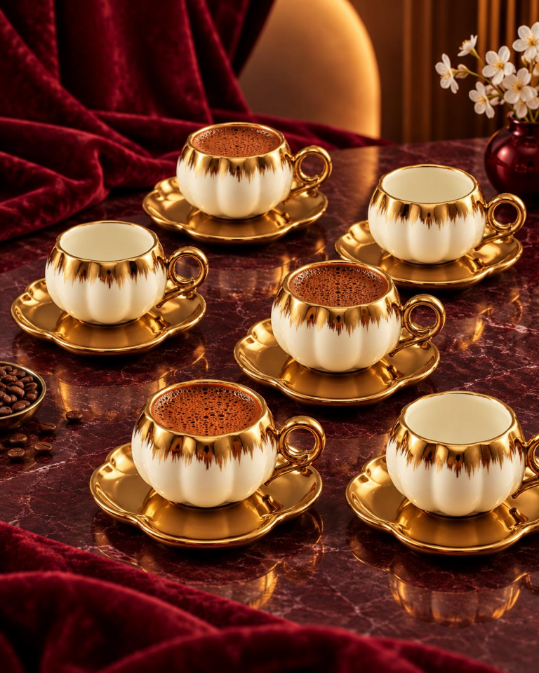 Valkyrie 6 Kişilik Beyaz Gold Balkabağı Model Türk Kahvesi Fincan Takımı 12 Parça 80 ml Çeyizlik byz