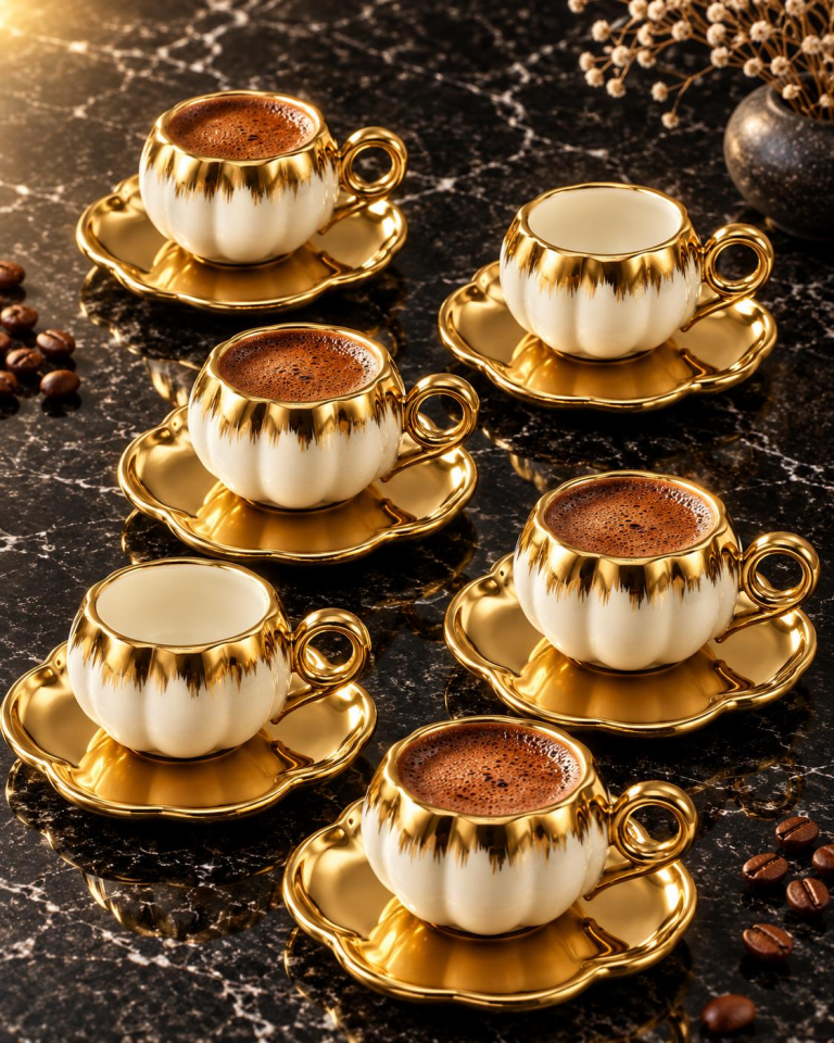Valkyrie 6 Kişilik Beyaz Gold Balkabağı Model Türk Kahvesi Fincan Takımı 12 Parça 80 ml Çeyizlik byz