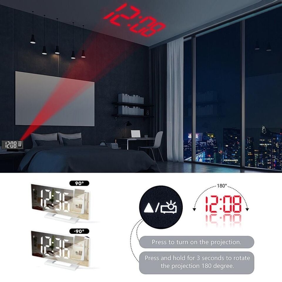 Valkyrie Projeksiyonlu Alarmlı Dereceli Aynalı LED Dijital Masaüstü Saat Beyaz
