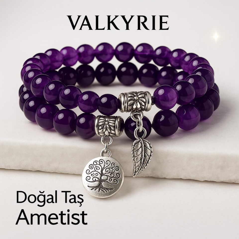 Valkyrie Doğal Ametist Taşlı Çift Kat Bileklik  El YapımıEnerji ve Denge Taşı