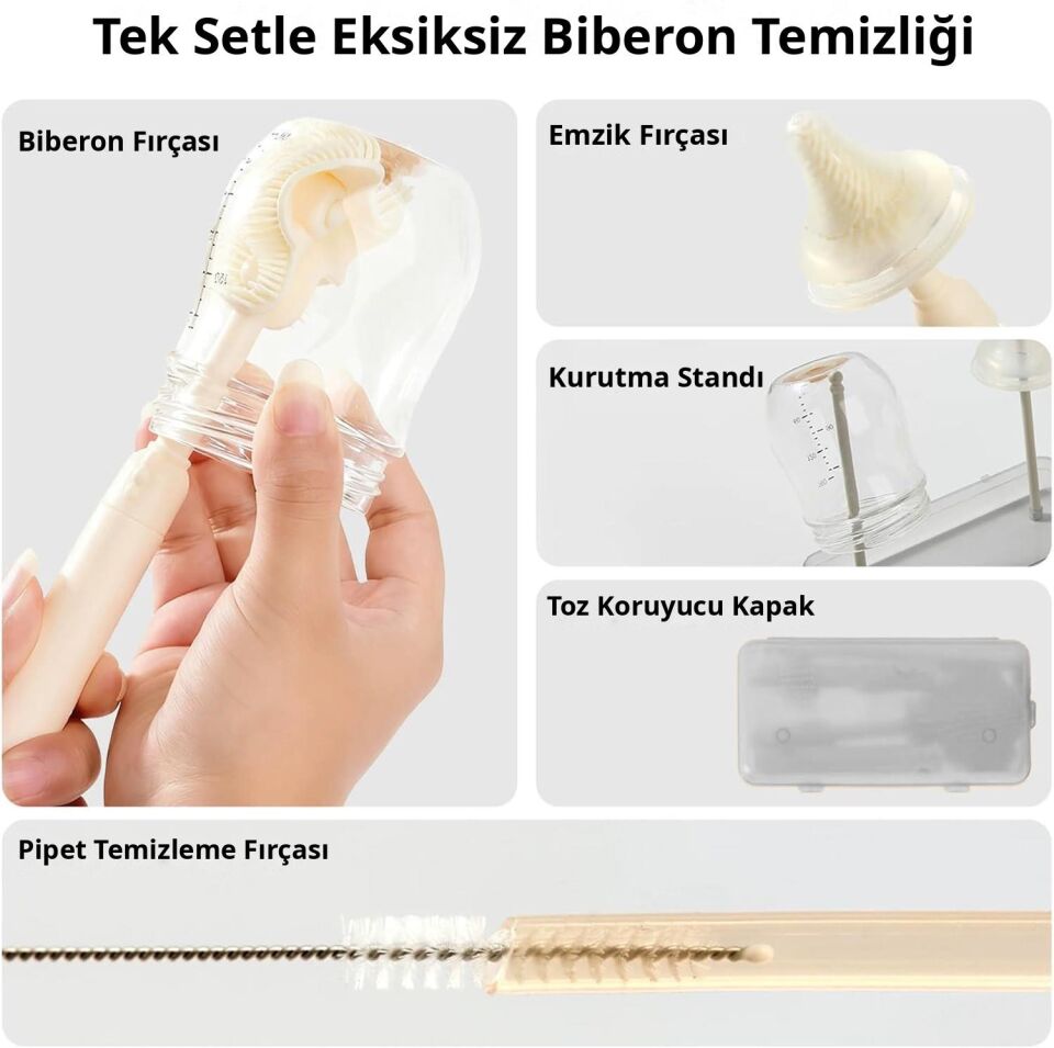 Valkyrie Seyahat Biberon Temizleme Seti Silikon Fırça Emzik Pipet Fırçası Saklama Kutulu gri
