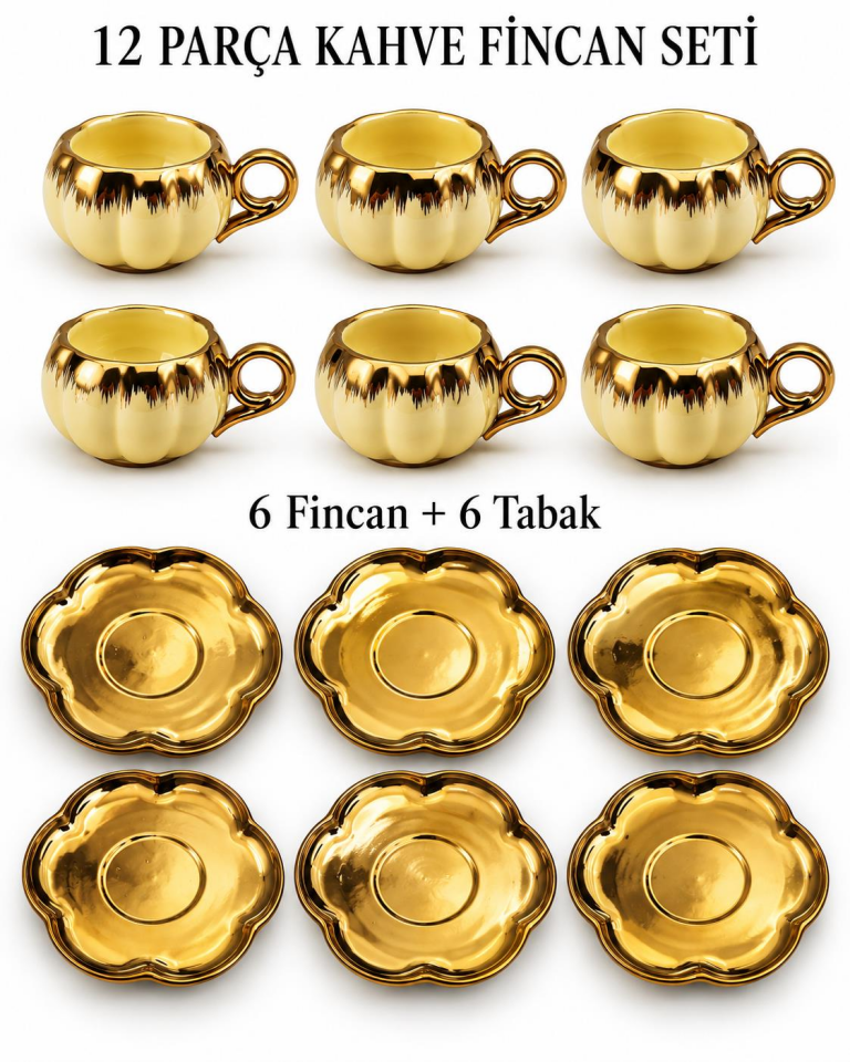 Valkyrie 6 Kişilik Krem Gold Balkabağı Model Türk Kahvesi Fincan Takımı 12 Parça 80 ml Çeyizlik Krem