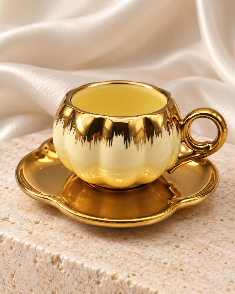 Valkyrie 6 Kişilik Krem Gold Balkabağı Model Türk Kahvesi Fincan Takımı 12 Parça 80 ml Çeyizlik Krem